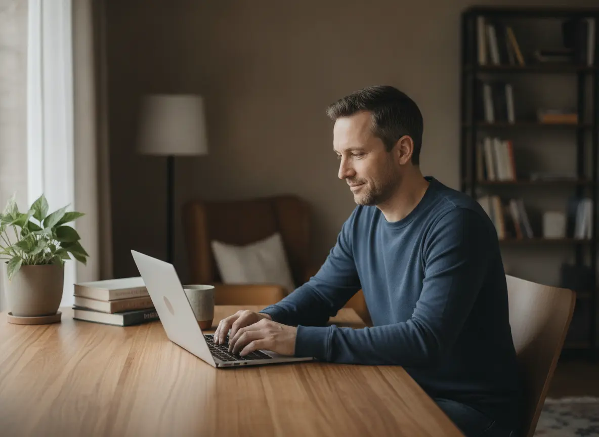 An adult using a laptop at home