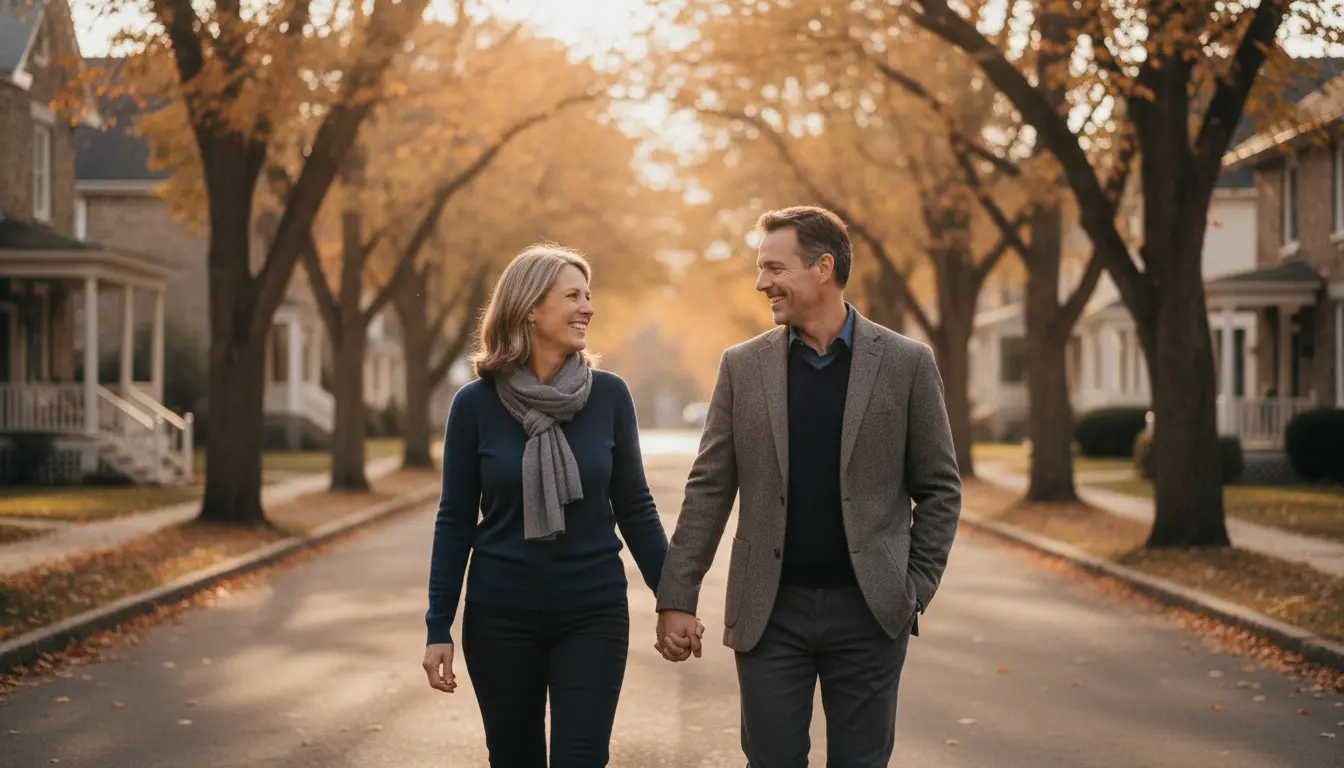 Two smiling adults walking together outdoors