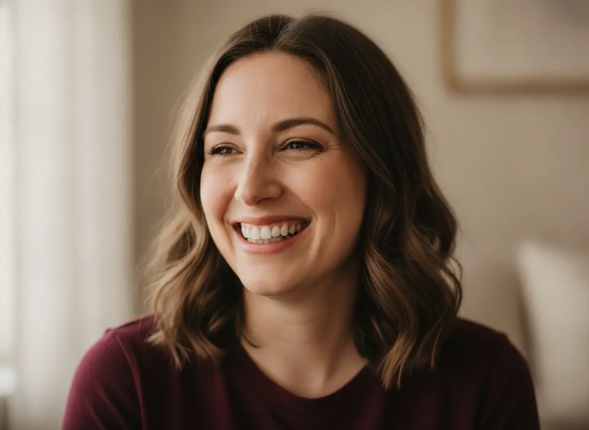 Close-up of a woman with a radiant, bright natural smile