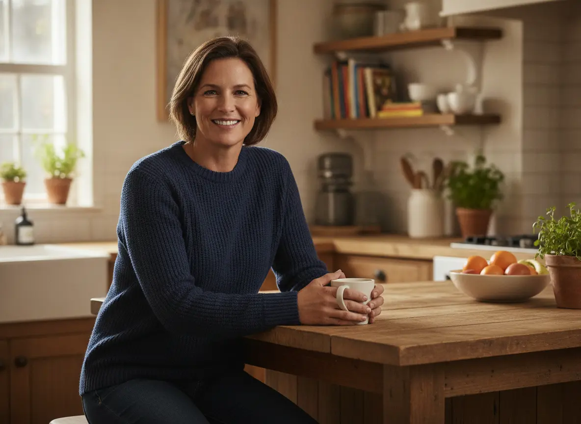 A smiling adult holding a mug at a kitchen counter