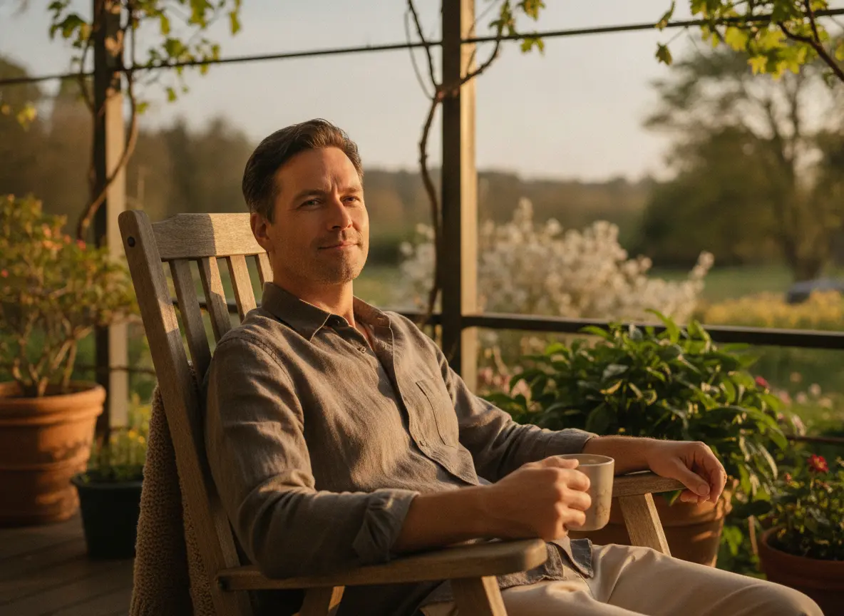 An adult sitting on a porch
