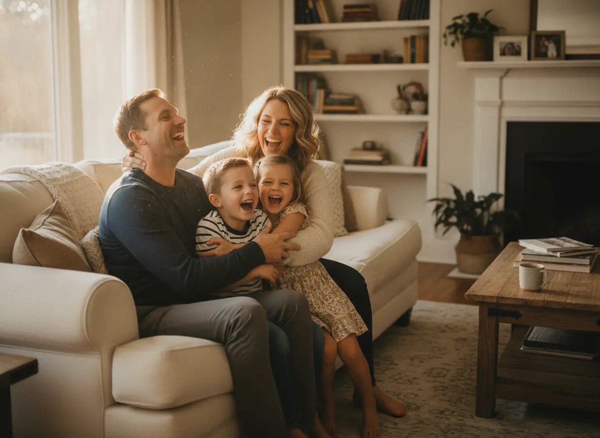 A happy family of four laughing together at home